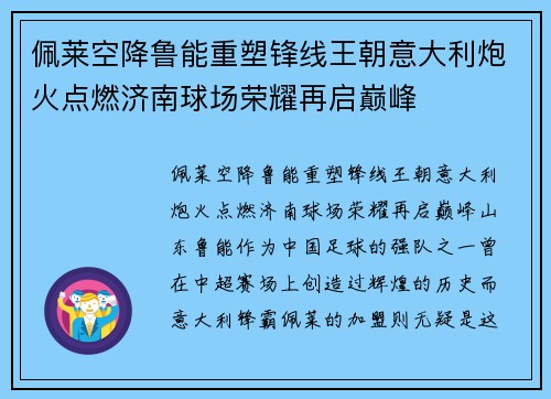 佩莱空降鲁能重塑锋线王朝意大利炮火点燃济南球场荣耀再启巅峰